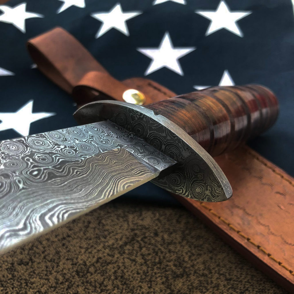 M3 Trench Blade Damascus Bowie Knife Hand Forged Stacked - Leather Sheath