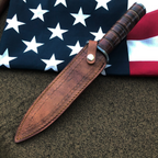 M3 Trench Blade Damascus Bowie Knife Hand Forged Stacked - Leather Sheath