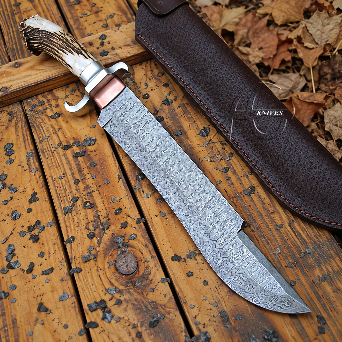 Predator Machete Bowie Knife Damascus Blade Stag Crown Handle 19" with Leather Sheath