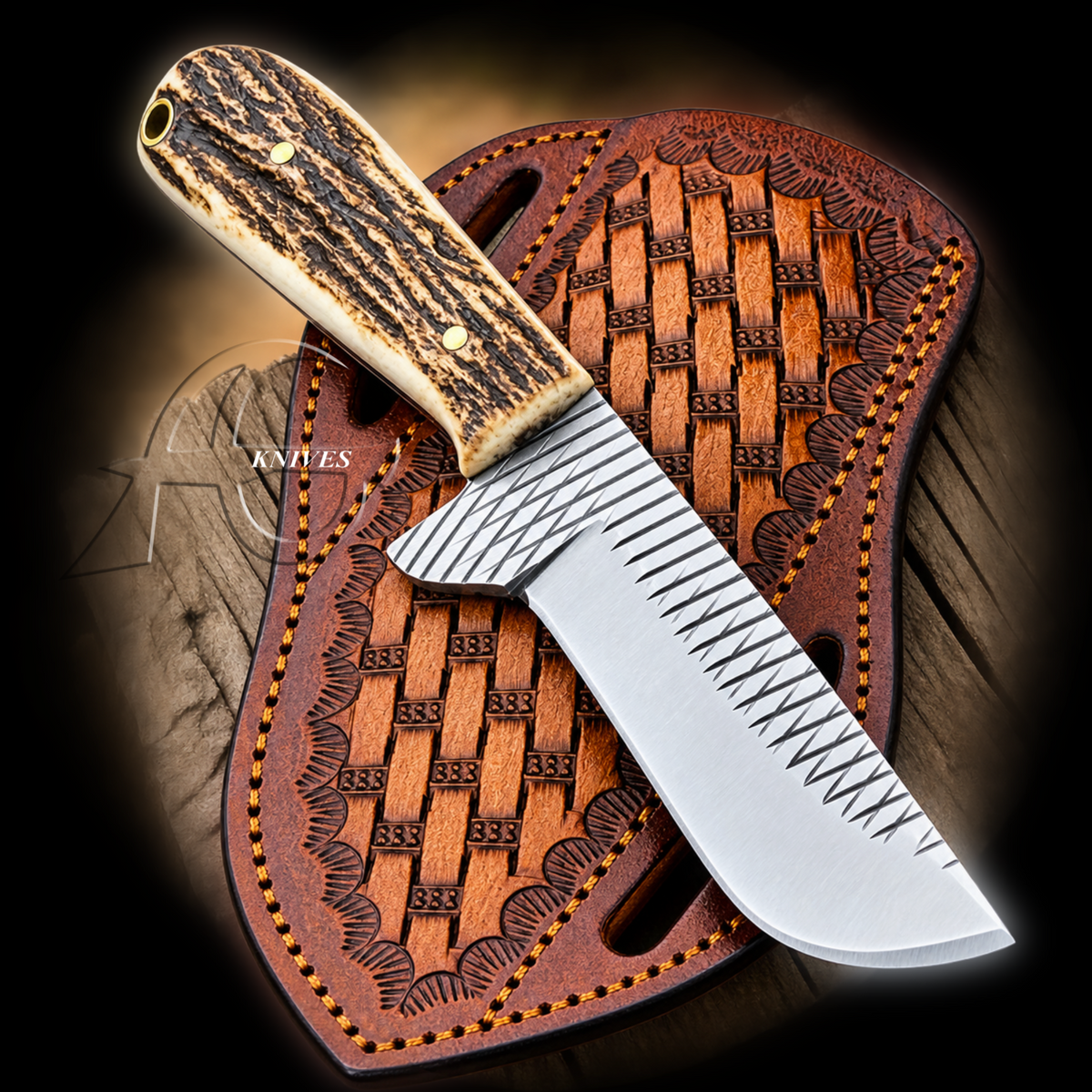 Rancher Western Bull Cutter Knife Rasp Steel 8" with Tooled Leather Sheath