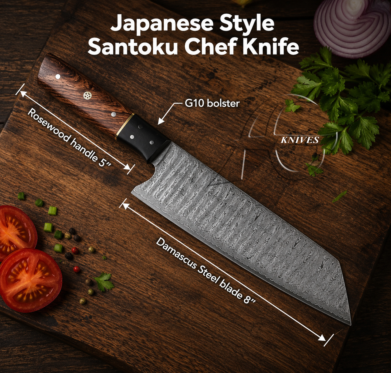 A Japanese style Santoku chef knife with a Damascus steel blade and rosewood handle, displayed on a dark wooden cutting board with measurement overlays indicating the blade length of 8 inches and handle length of 5 inches.