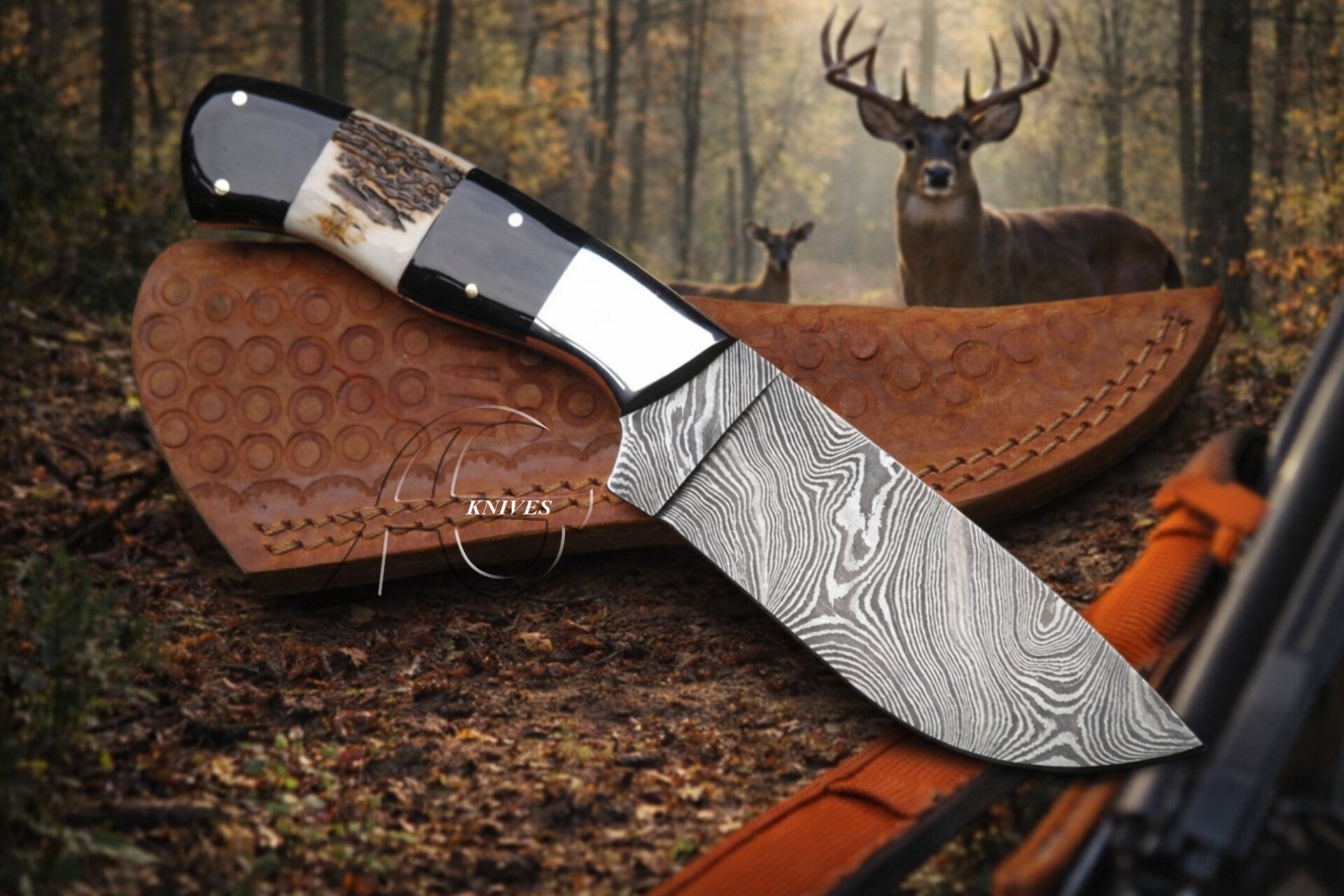 8" Damascus Skinning Knife, Hand Forged Buffalo & Deer Horn Handle with Leather Sheath