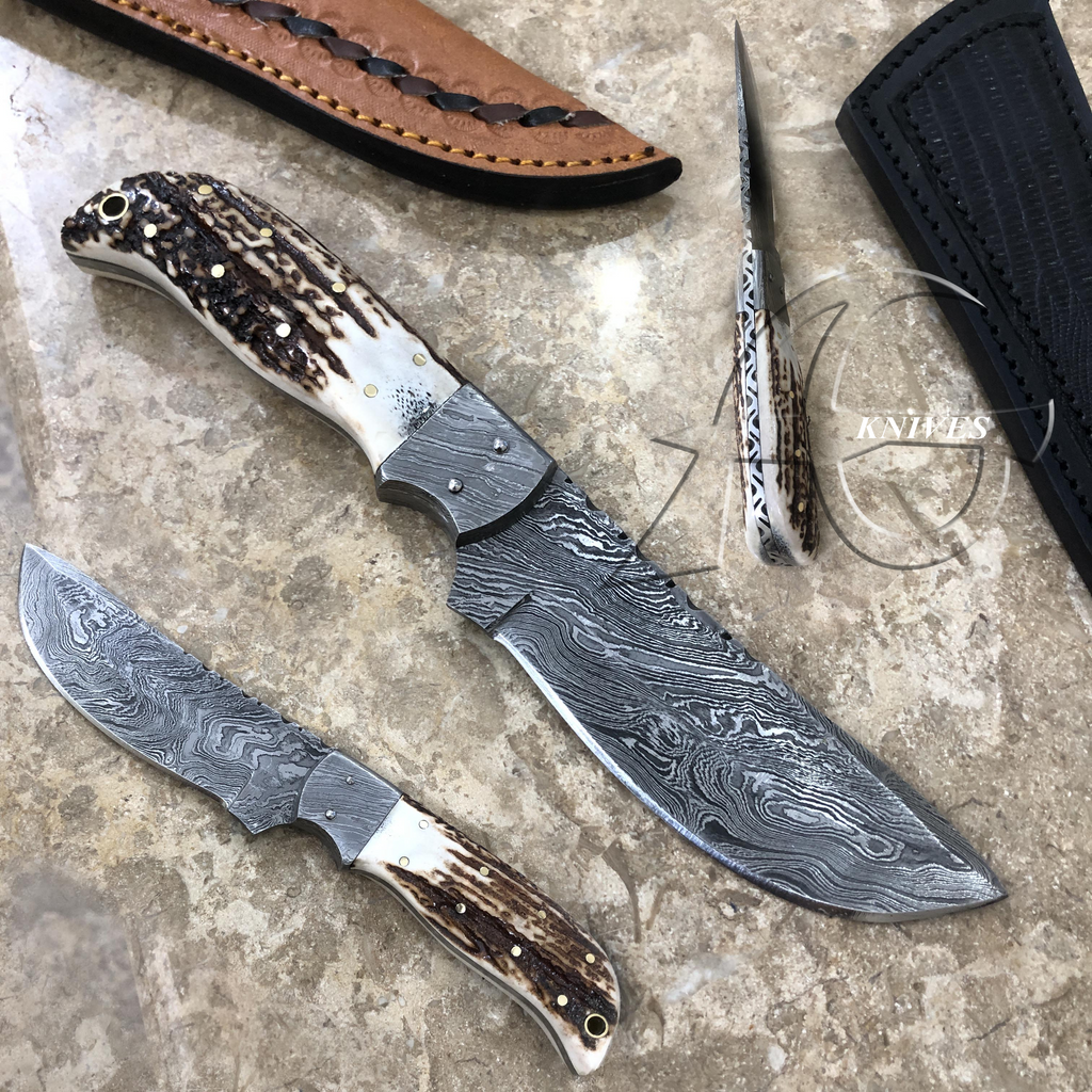 Stag Hunting Knife Fixed Blade Custom Made Damascus Knife With Cover