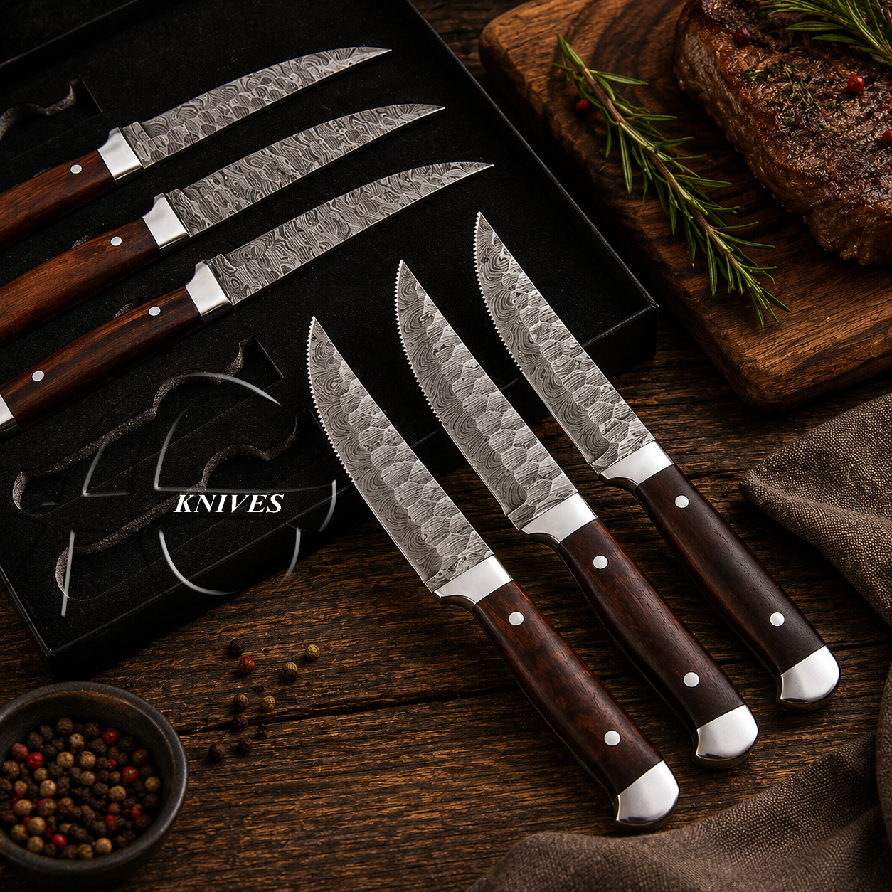Four kitchen knives with damascus steel blades and dark wood handles arranged on a black presentation box over a rustic wooden table, with steak, rosemary, and peppercorns nearby.