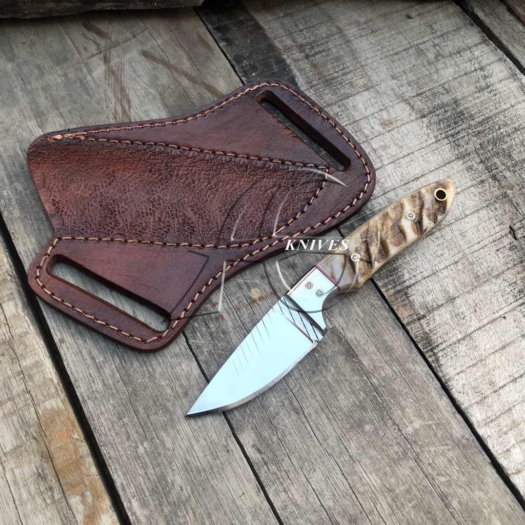 Western Skinning Belt Knife Handcrafted 7" Long File Rasp Steel Sheep Horn Handle - Leather Sheath