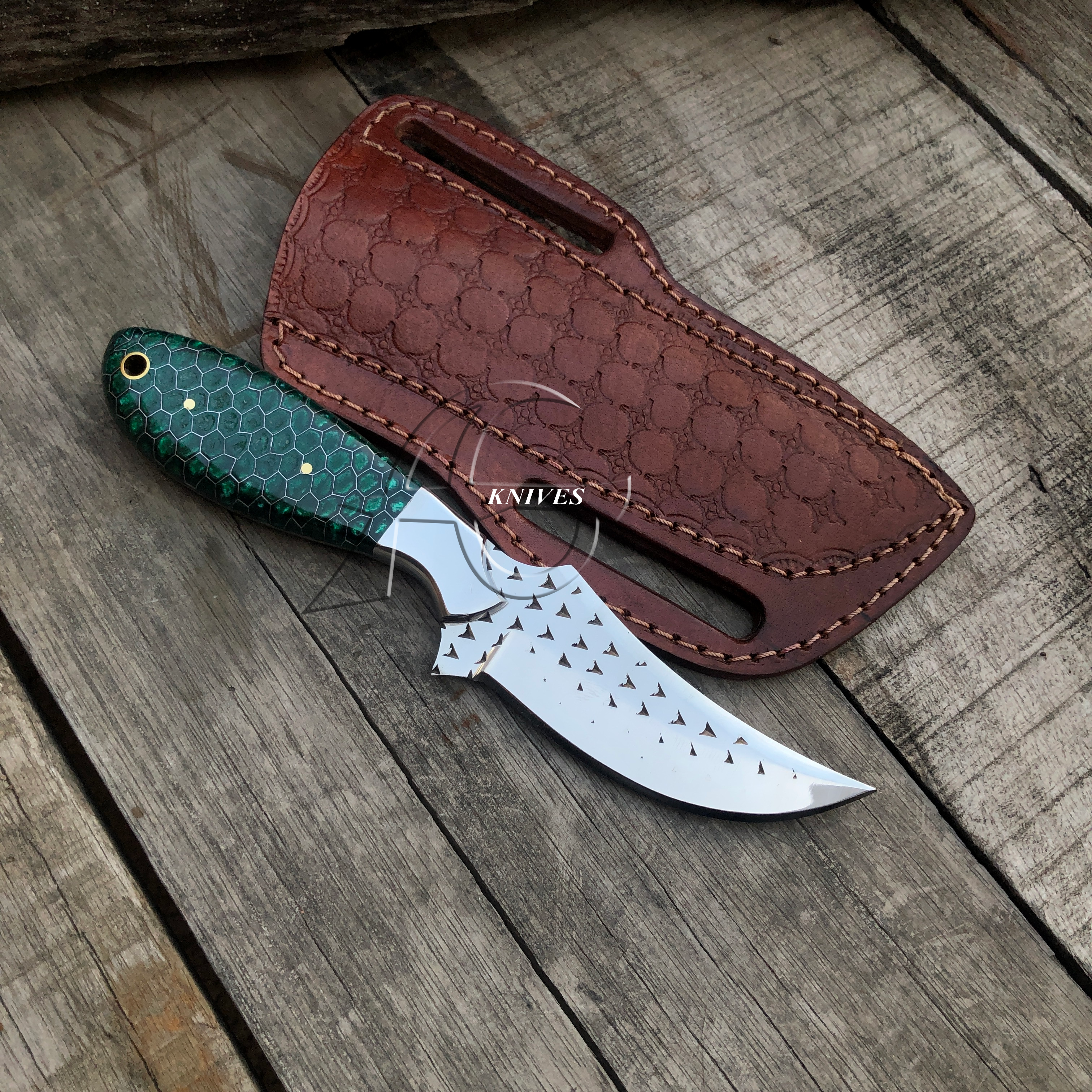 Western Hunting Skinning Belt Knife Farrier File Steel Green Honeycomb Handle 8" Custom Leather Sheath