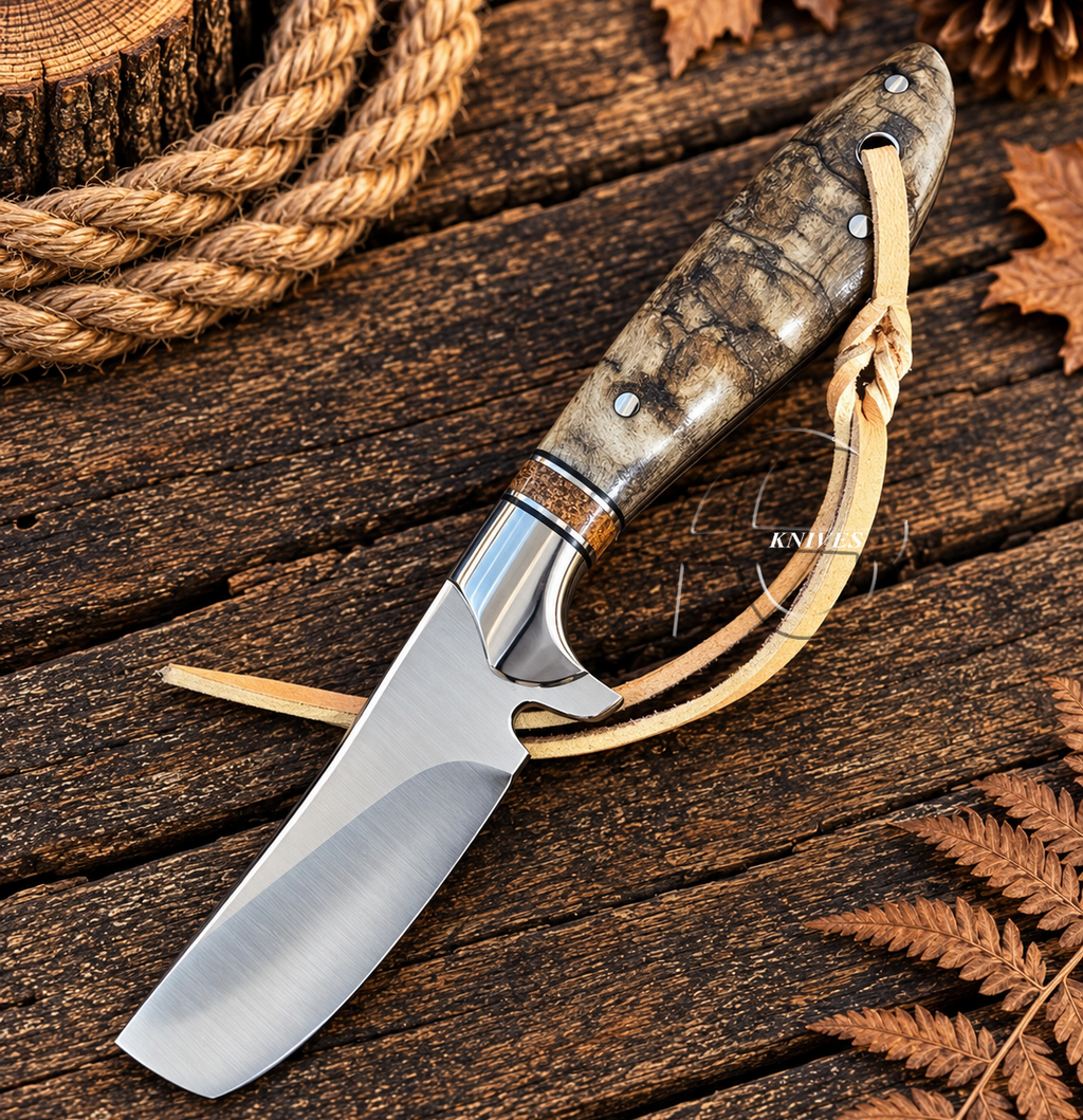 Western Bull Cutter Knife High Carbon Steel Blade Mountain Sheep Horn Handle 8.5" with Leather Sheath