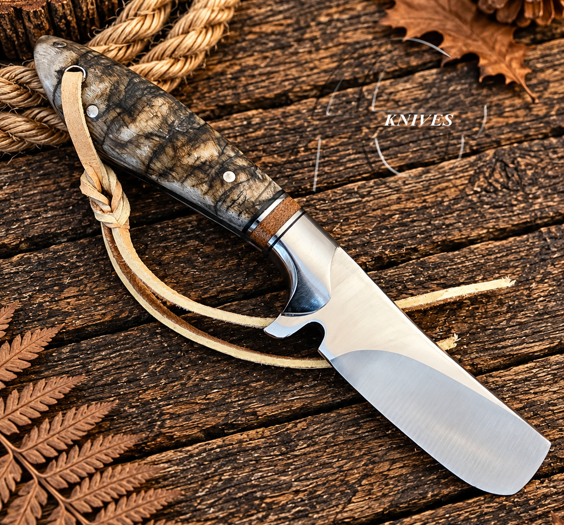 Western Bull Cutter Knife High Carbon Steel Blade Mountain Sheep Horn Handle 8.5" with Leather Sheath