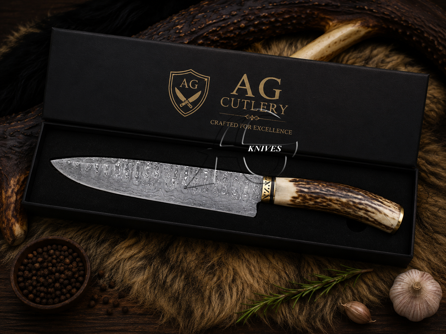 A high-end chef kitchen knife with a patterned steel blade and an antler handle, presented in a black AG Cutlery gift box on a rustic fur background.