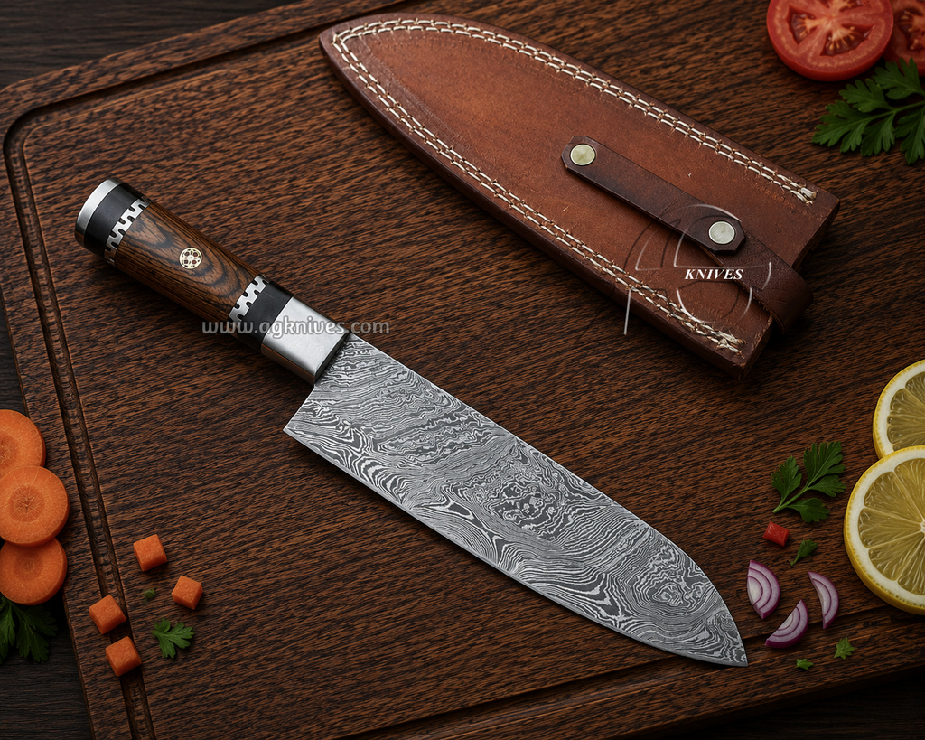A Damascus steel chef's knife with a patterned steel blade and a dark wood handle, displayed next to its brown leather sheath on a dark wooden cutting board with food props.