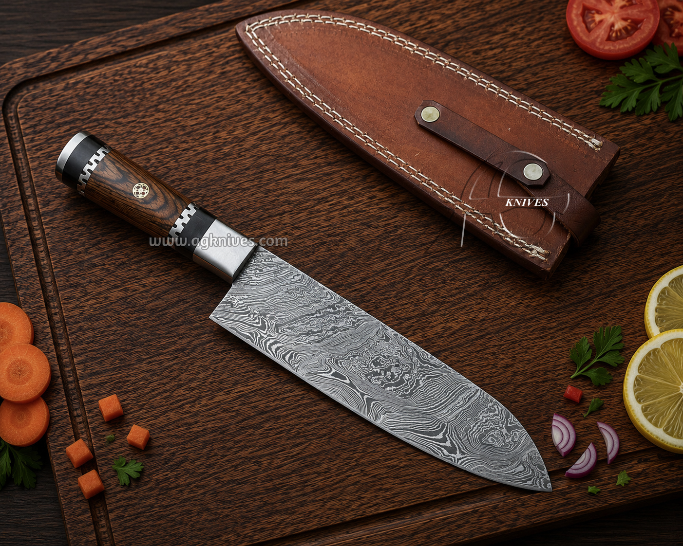 A Damascus steel chef's knife with a patterned steel blade and a dark wood handle, displayed next to its brown leather sheath on a dark wooden cutting board with food props.