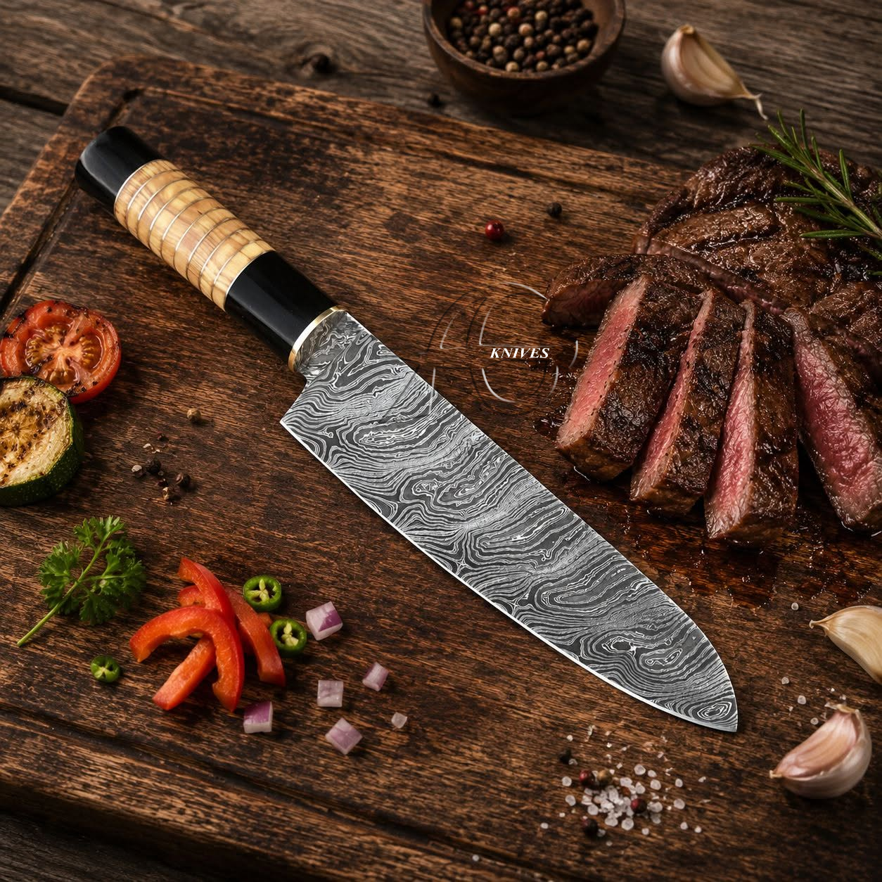 Handmade Damascus Kitchen Chef Knife 12" Long – Leather Sheath