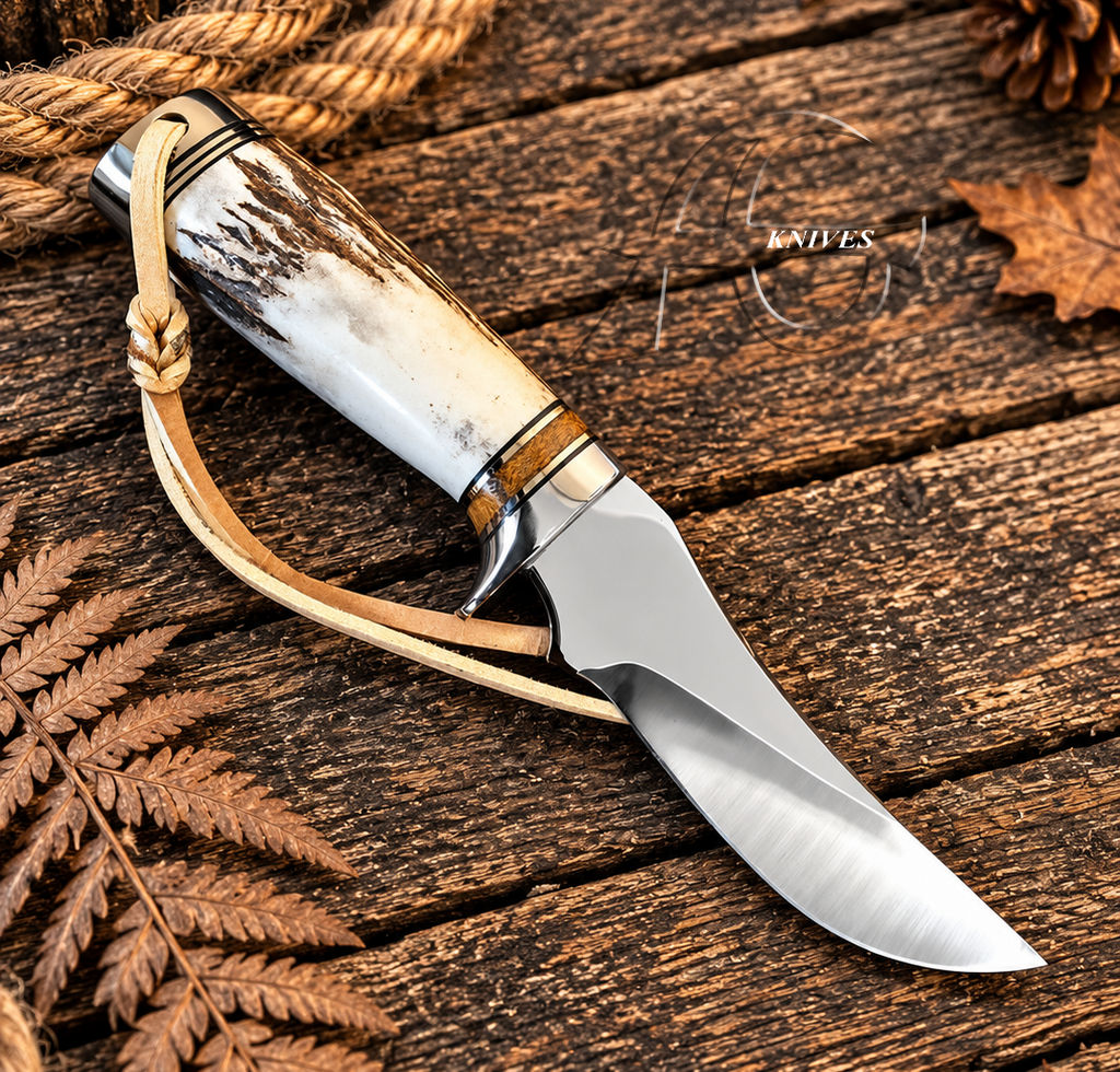 Handcrafted Western Hunting Fixed Blade Knife Antler Handle 9" with Leather Sheath
