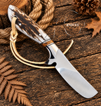A fixed-blade knife with a polished silver blade and a carved handle made of brown and cream wood, resting on a rustic wooden surface with a leather lanyard, rope, pinecone, and leaves.