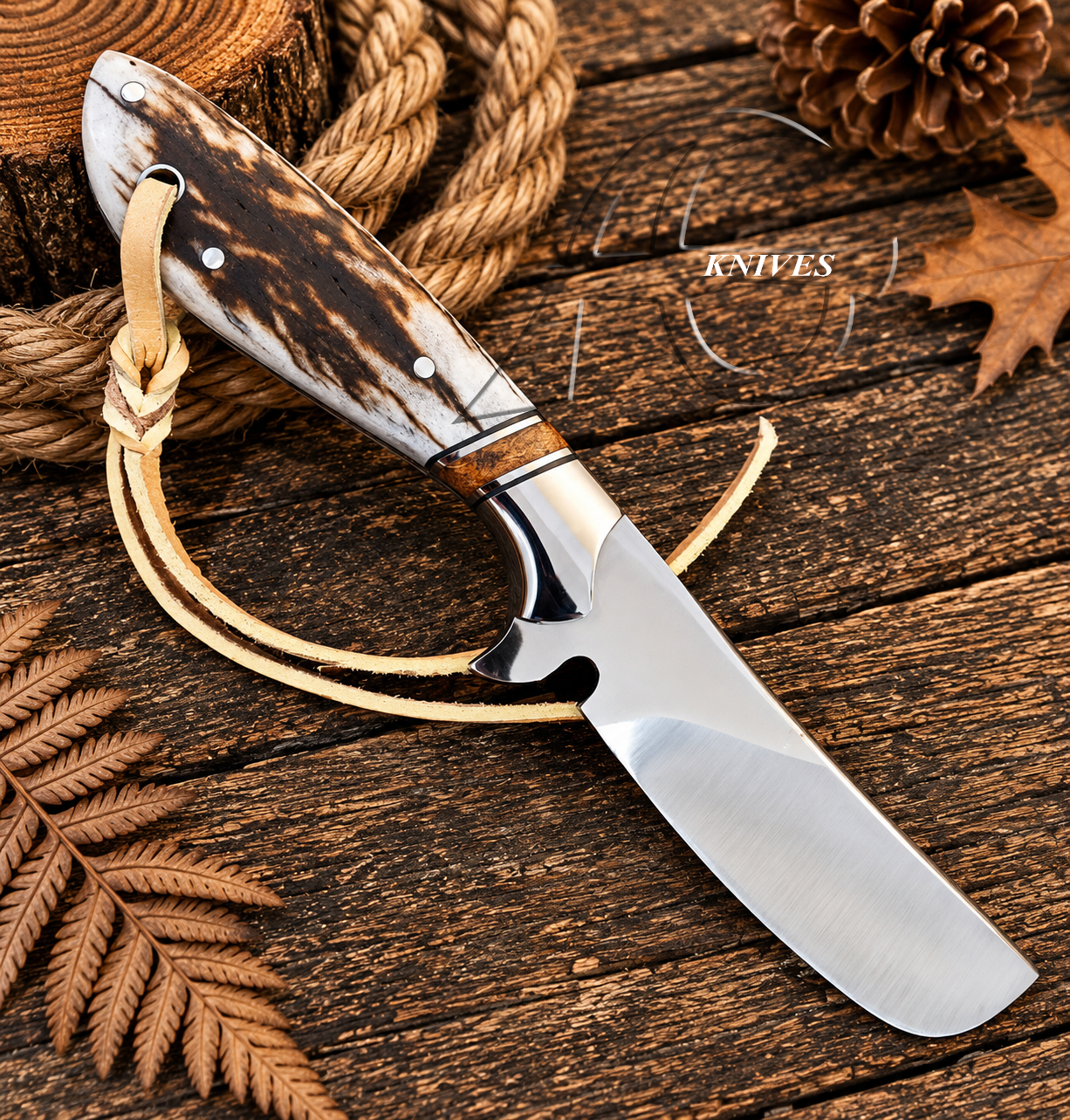 A fixed-blade knife with a polished silver blade and a carved handle made of brown and cream wood, resting on a rustic wooden surface with a leather lanyard, rope, pinecone, and leaves.