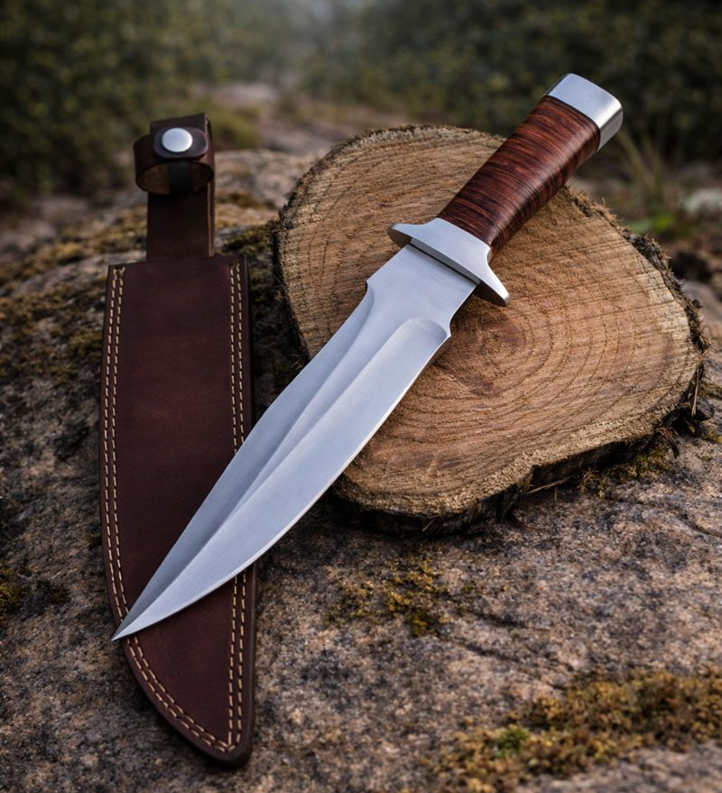Handmade D2 Steel Hunting Bowie Knife with Stacked Handle & Leather Sheath