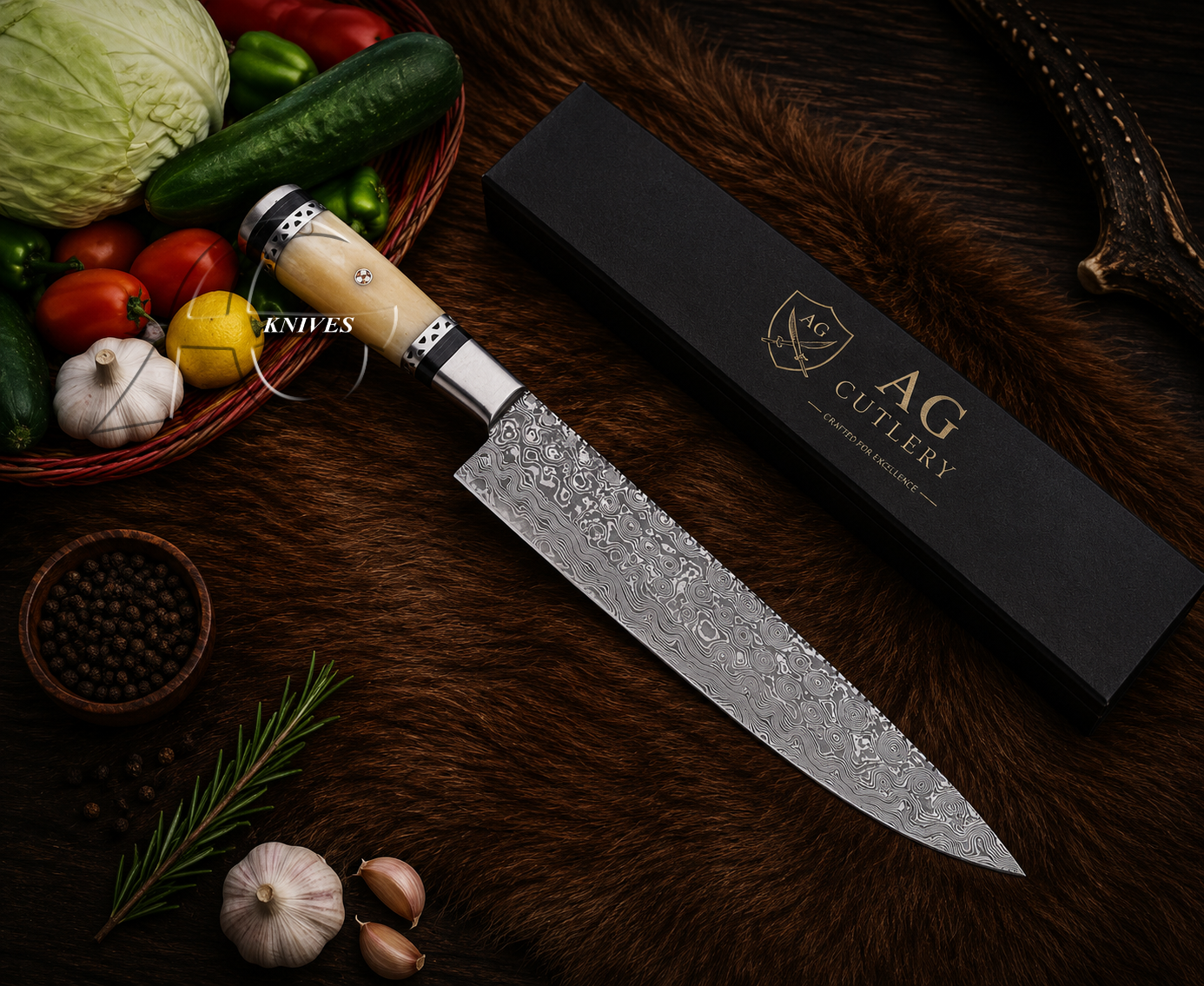 A chef's knife with a patterned steel blade and a light wood handle is displayed diagonally next to its black presentation box branded 'AG Cutlery'. The scene is styled with fresh vegetables, garlic, peppercorns, and rosemary on a dark brown fur background.