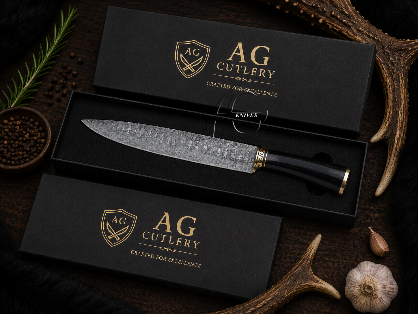 A high-end kitchen knife with a patterned steel blade and black handle, presented in an open black gift box with the brand name 'AG Cutlery' in gold. The box is arranged on a dark wooden surface alongside antlers, garlic, peppercorns, and a sprig of rosemary.