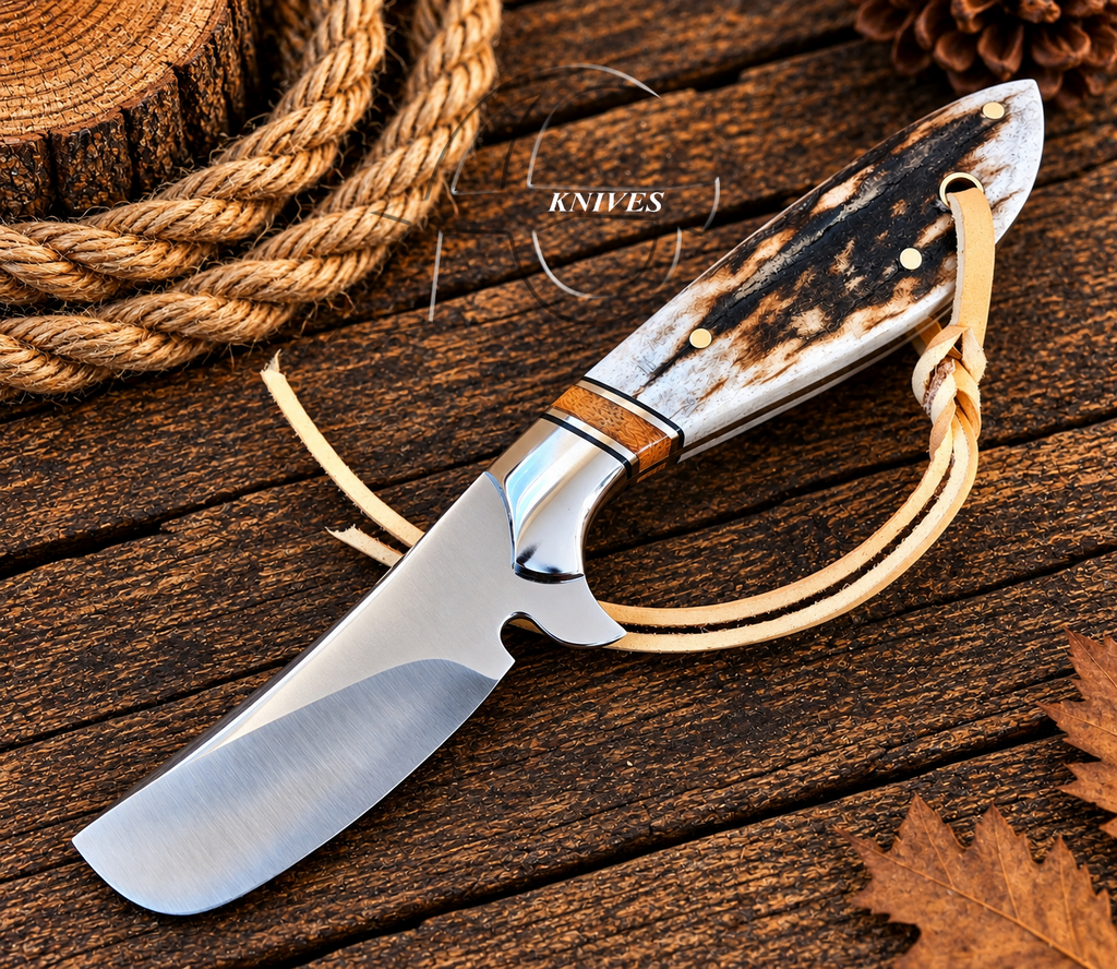 A fixed-blade knife with a satin-finished silver blade, a brown and black patterned horn handle, and a tan leather lanyard, displayed on a rustic dark wood surface with rope and autumn leaves.