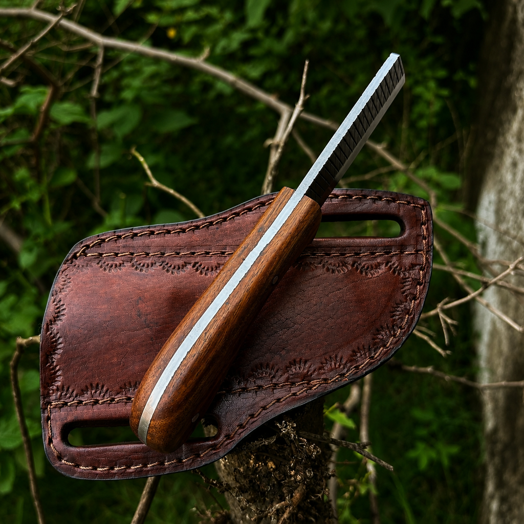 A fixed-blade knife with a wooden handle and rasp steel blade rests diagonally across a brown leather sheath outdoors, with blurred green foliage and tree branches in the background.