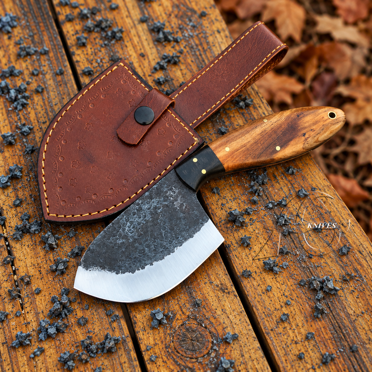Outdoor Camping Cleaver High Carbon Steel Wood Micarta Handle 9.5" with Leather Sheath