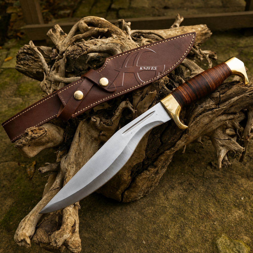 14" Custom Made Steel Kukri Knife Stacked Handle With Leather Sheath