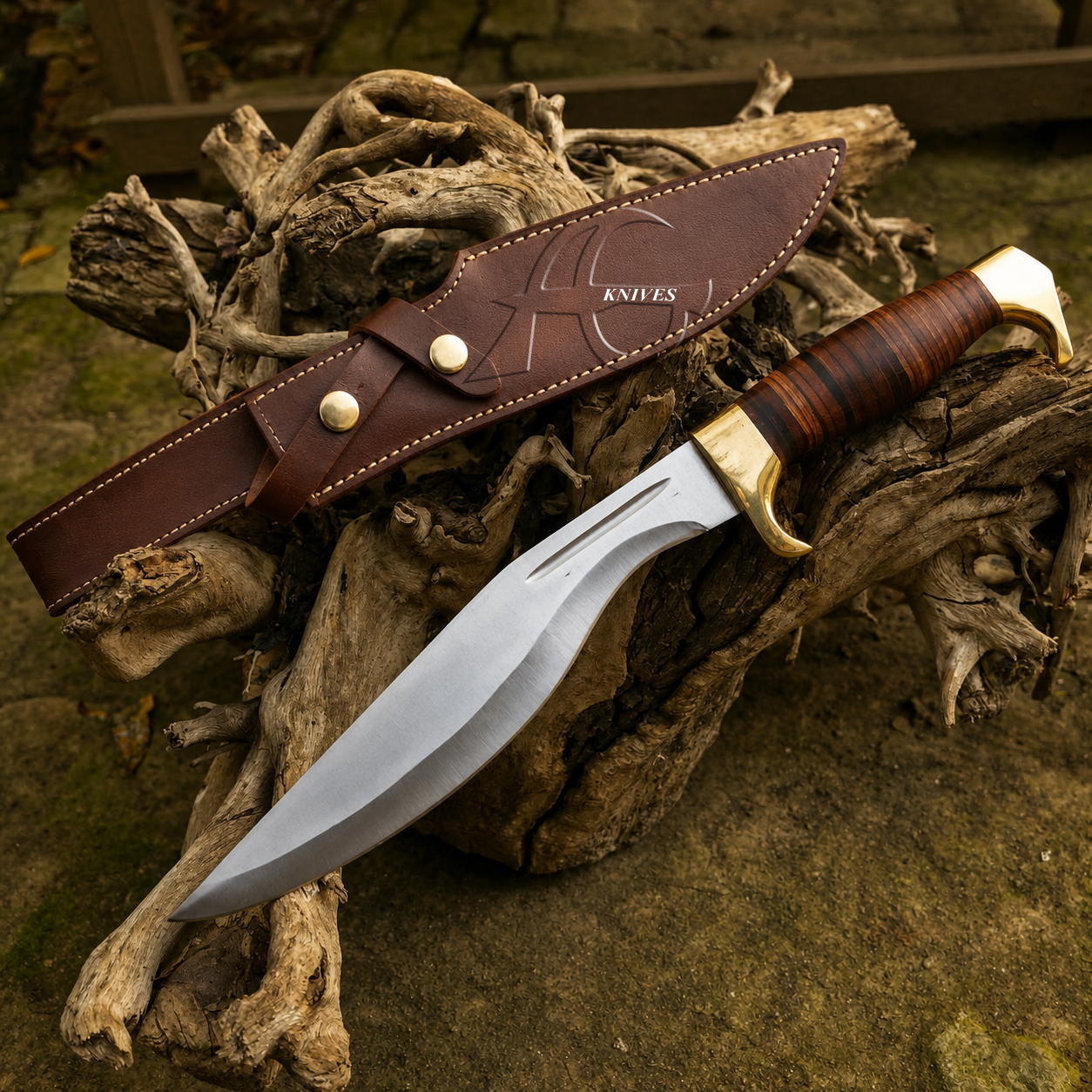 14" Custom Made Steel Kukri Knife Stacked Handle With Leather Sheath