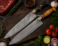 Twin Grain Pair of 13" Handmade Damascus Kitchen Chef Knives Wood Handles