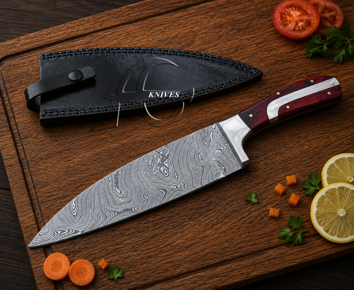 A chef's knife with a Damascus steel blade and a reddish-brown wooden handle, displayed diagonally on a wooden cutting board next to its black leather sheath. The scene is styled with fresh carrot slices, parsley, tomato, and lemon on a dark wooden table.