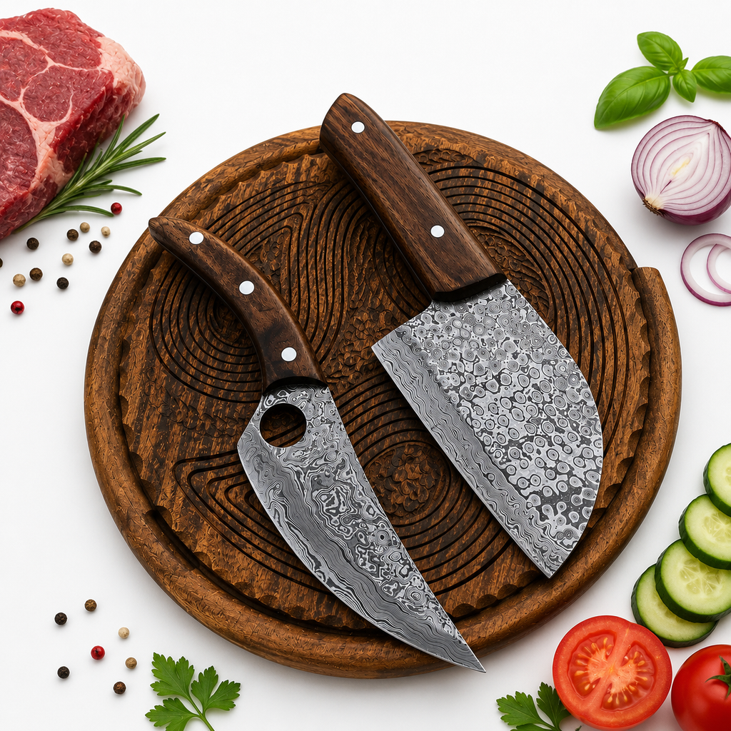 Pair Damascus Handmade Chef Knife & Cleaver With Leatehr Sheath