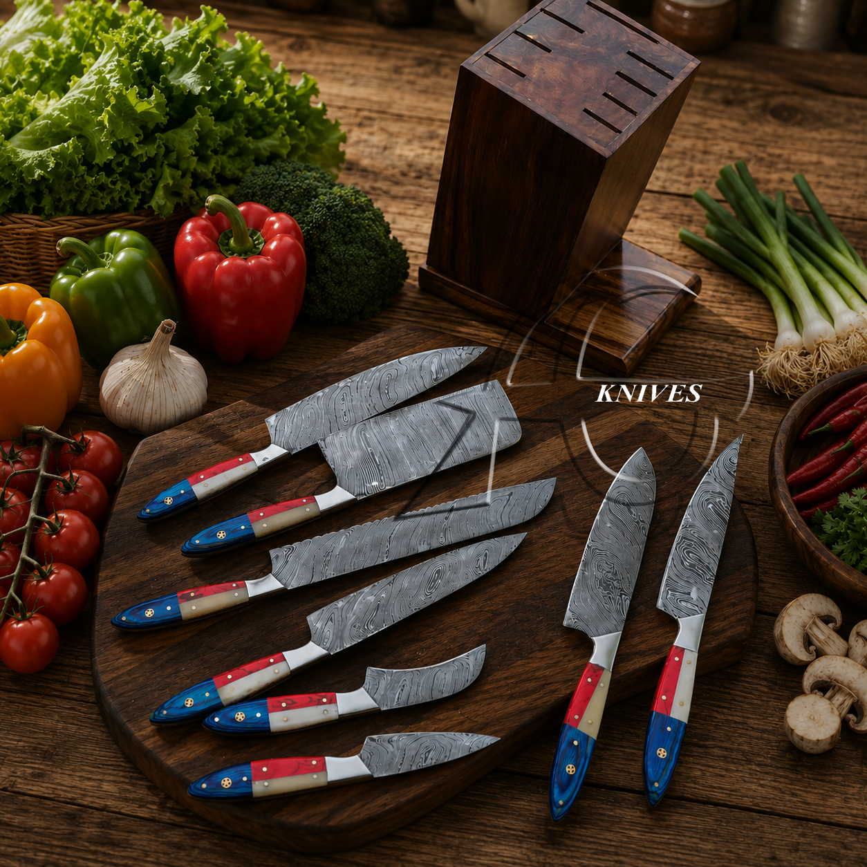 Handmade Damascus Kitchen Knives Set Include Wood Box - AG Cutlery