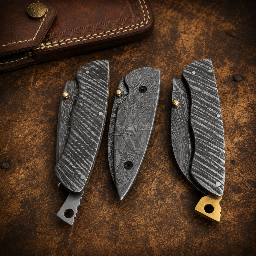 Set of 3 Pcs Handmade Full Damascus Pocket Knife