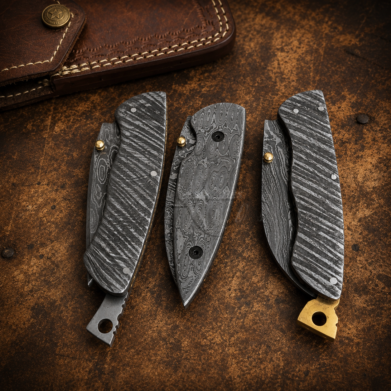 Set of 3 Pcs Handmade Full Damascus Pocket Knife