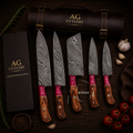 Alluring 5 Pcs Handcrafted Damascus Kitchen Knife Set - Leather Roll Case