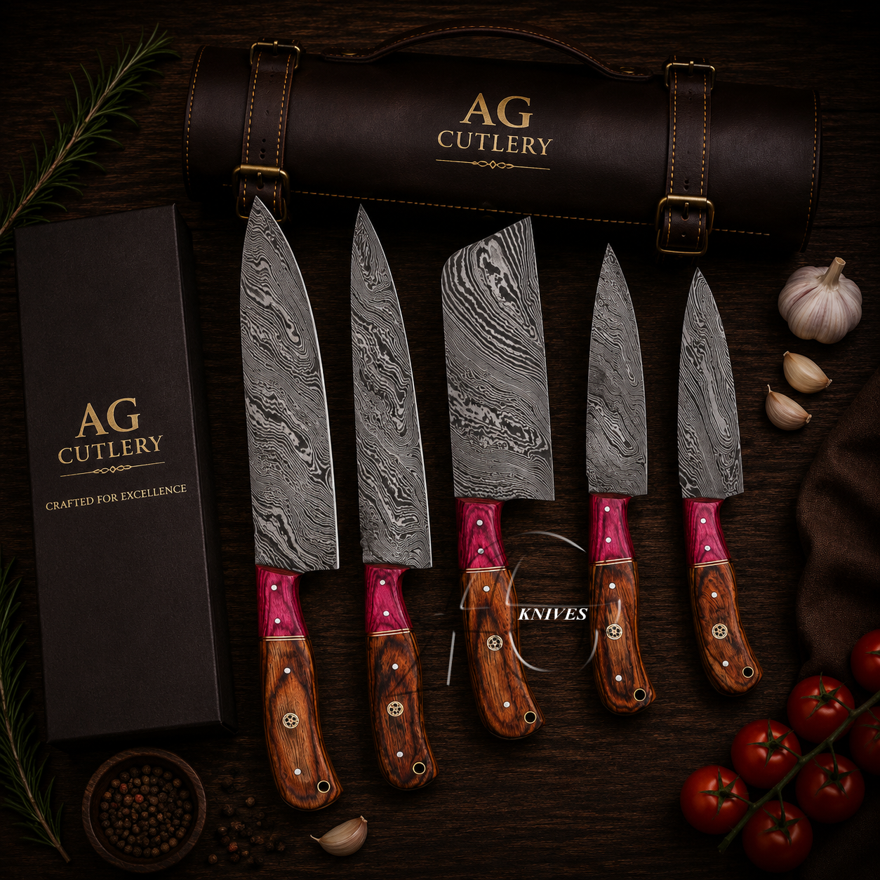 Alluring 5 Pcs Handcrafted Damascus Kitchen Knife Set - Leather Roll Case