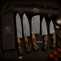 Regal Handcrafted Damascus 5 Pcs Kitchen Knife Set - Leather Roll Case