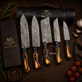 Distinctive 5 Pcs Handcrafted Damascus Kitchen Knife Set - Leather Roll Case