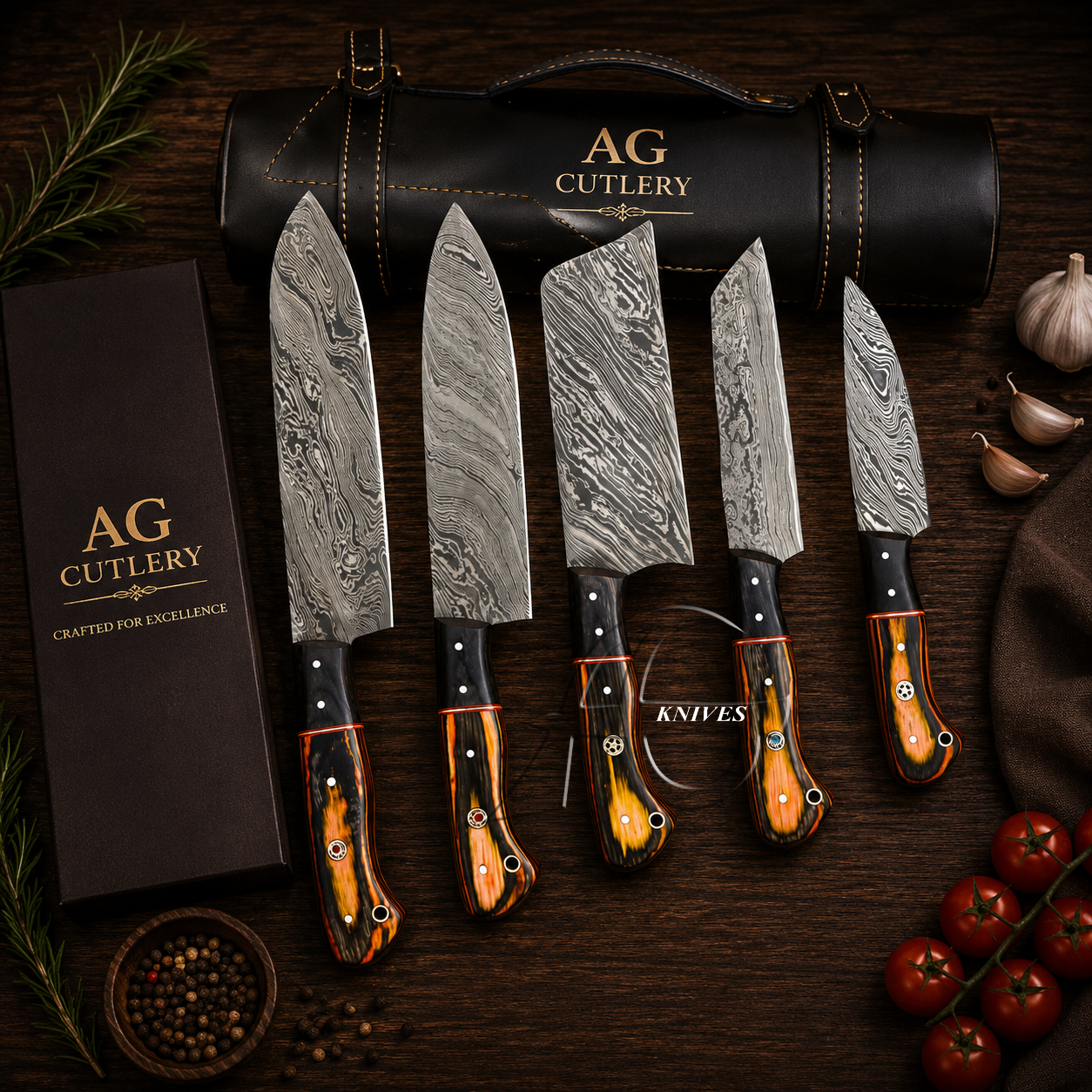 Distinctive 5 Pcs Handcrafted Damascus Kitchen Knife Set - Leather Roll Case