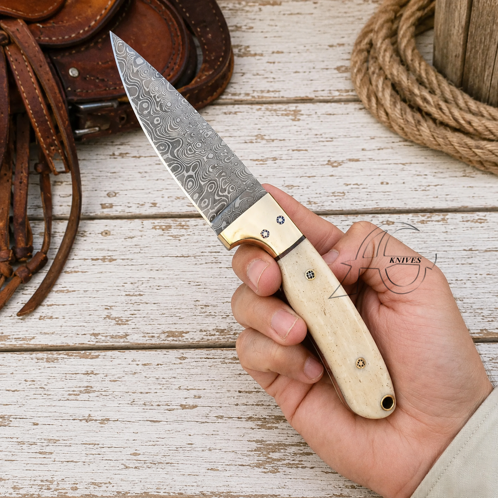 A hand holding a fixed-blade knife with a patterned steel blade, brass bolster, and light-colored handle, set against a rustic white wooden background with leather and rope props.