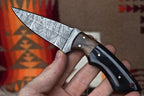 Handmade 8" Damascus Hunting Knife Buffalo Horn & Wood - Leather Sheath