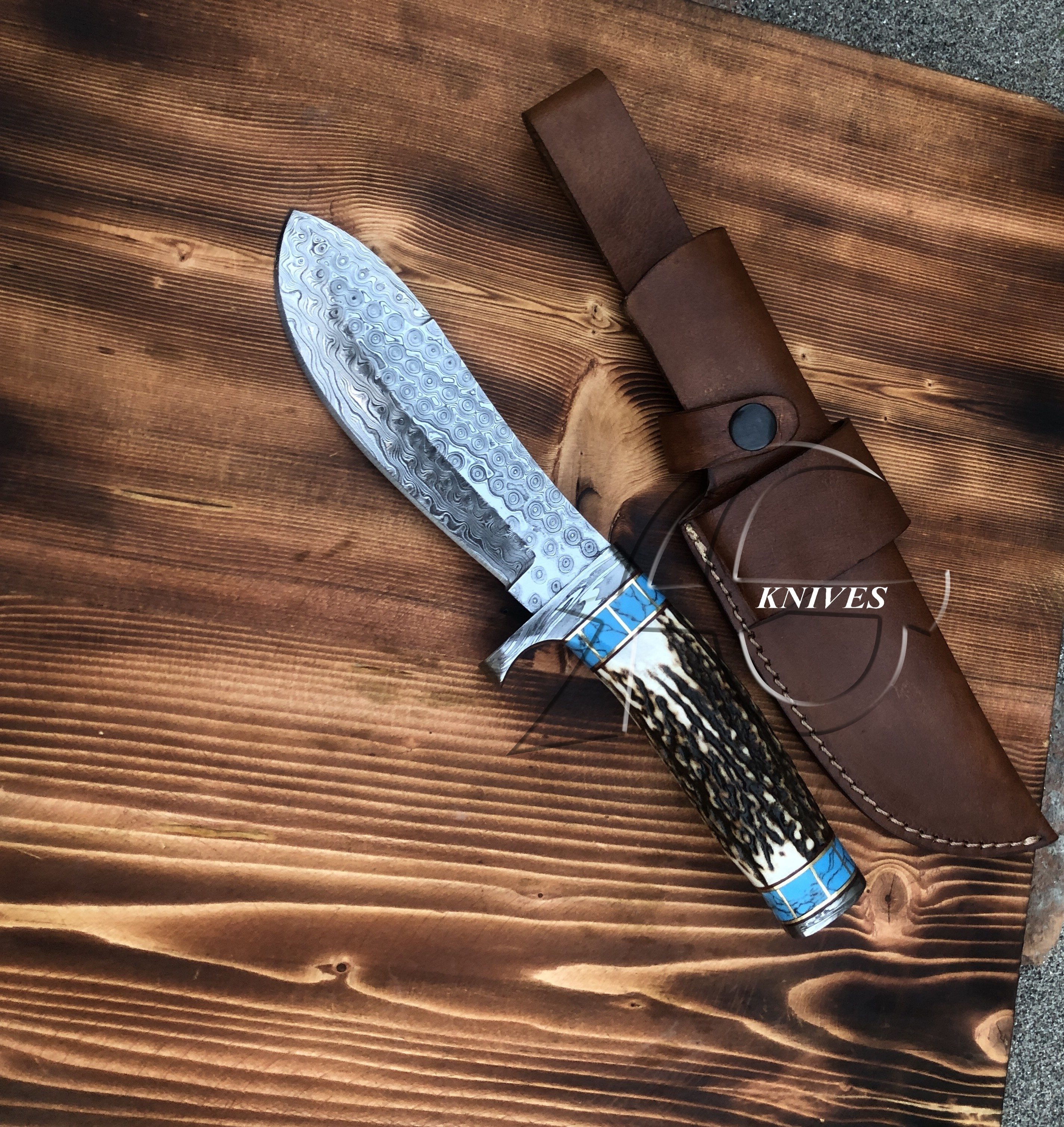 Custom Made Hunting Knife Raindrop Damascus Blade Antler Turquoise Handle 10" Belt Carry Leather Sheath