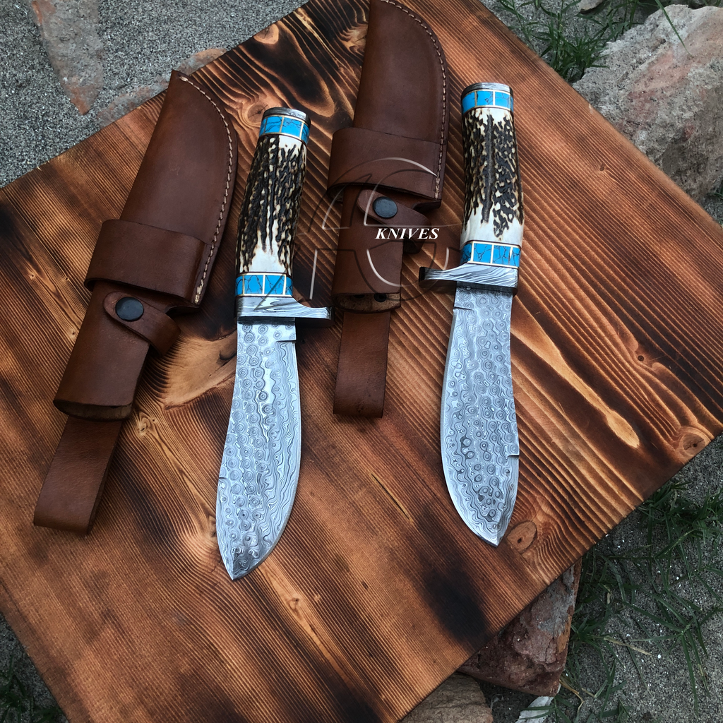 Custom Made Hunting Knife Raindrop Damascus Blade Antler Turquoise Handle 10" Belt Carry Leather Sheath
