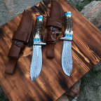 Custom Made Hunting Knife Raindrop Damascus Blade Antler Turquoise Handle 10" Belt Carry Leather Sheath