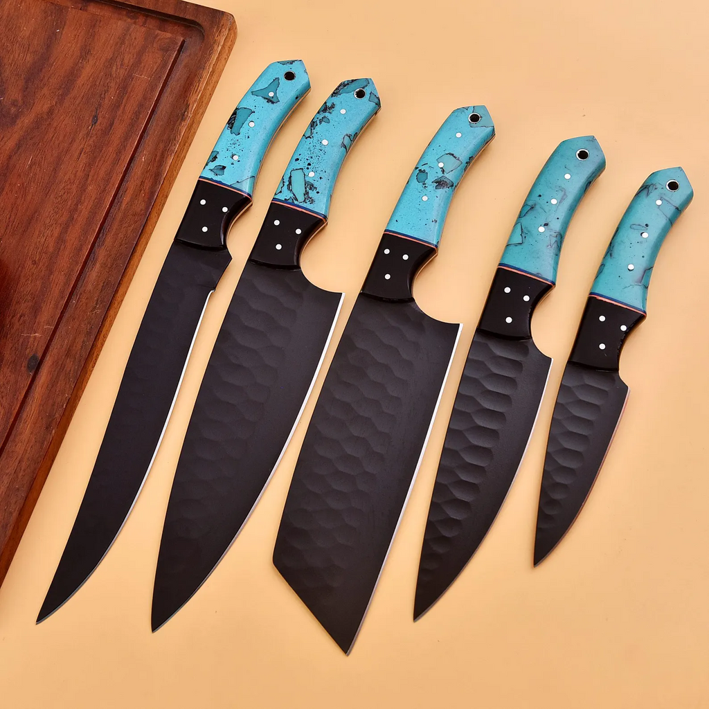 Captivating 5 Pcs Handcrafted Kitchen Knife Set Black Blade With Leather Roll Case