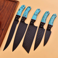 Captivating 5 Pcs Handcrafted Kitchen Knife Set Black Blade With Leather Roll Case