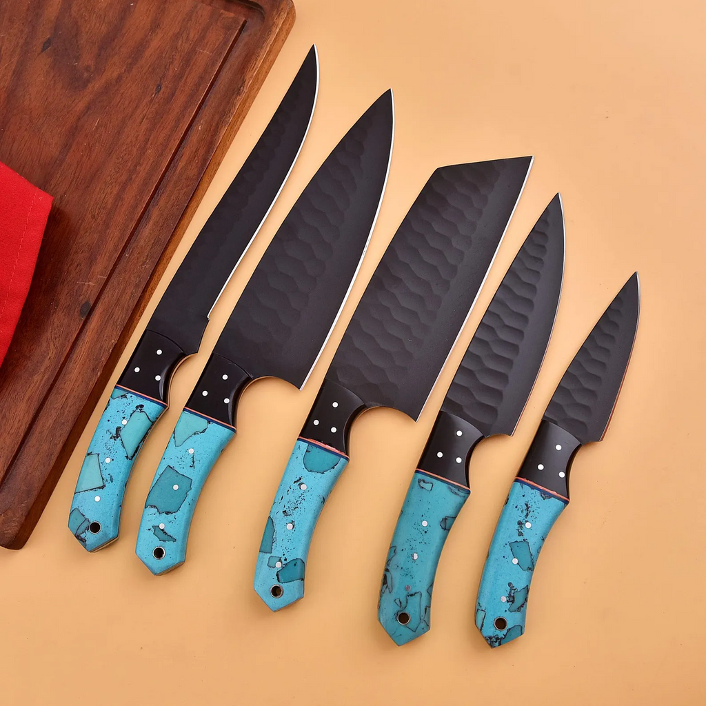 Captivating 5 Pcs Handcrafted Kitchen Knife Set Black Blade With Leather Roll Case