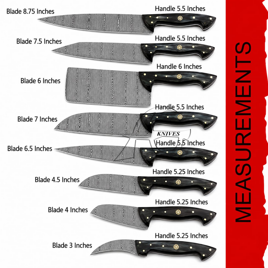 A measurement chart showing multiple kitchen knives with labeled blade and handle lengths on a white background, plus a red vertical banner reading MEASUREMENTS.