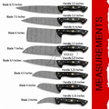 A measurement chart showing multiple kitchen knives with labeled blade and handle lengths on a white background, plus a red vertical banner reading MEASUREMENTS.