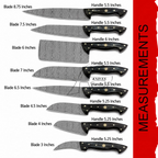 A measurement chart showing multiple kitchen knives with labeled blade and handle lengths on a white background, plus a red vertical banner reading MEASUREMENTS.