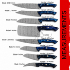 A measurement chart showing multiple kitchen knives with labeled blade and handle lengths on a white background, plus a red vertical banner reading MEASUREMENTS.